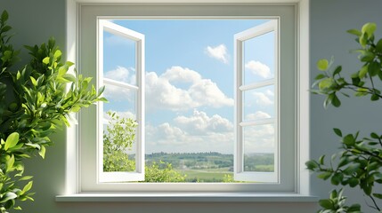 A serene view from an open window, showcasing lush greenery and a bright sky with fluffy clouds.