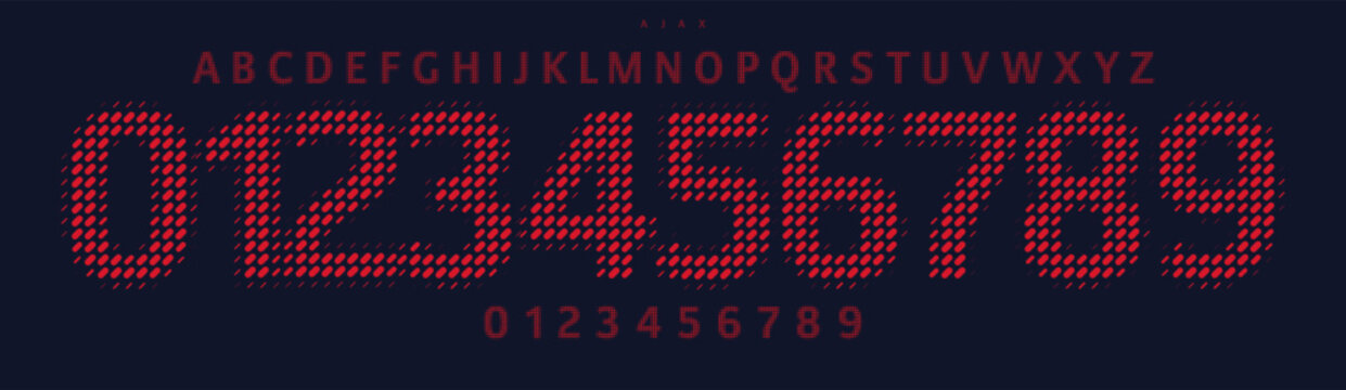 Dynamic dot matrix font, blending retro futuristic numbers and letters, bold eye-catching typographic design for digital displays, sports jerseys, tech branding. Vector typeset