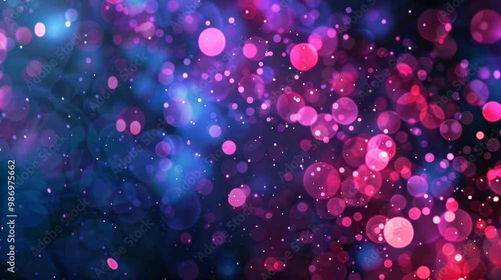 Poster an abstract image featuring a blurred background with scattered bokeh lights in pink and blue hues.
