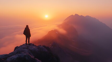 Obraz premium A lone figure stands atop a mountain, gazing at a stunning sunrise over misty peaks, evoking feelings of adventure and tranquility.
