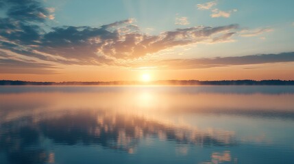 Fototapeta premium A breathtaking sunset over a serene lake, with vibrant colors reflecting on the water's surface, surrounded by calm clouds and tranquility.