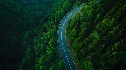 Scenic aerial view of a curved asphalt road winding through a dense green forest and mountainous terrain.