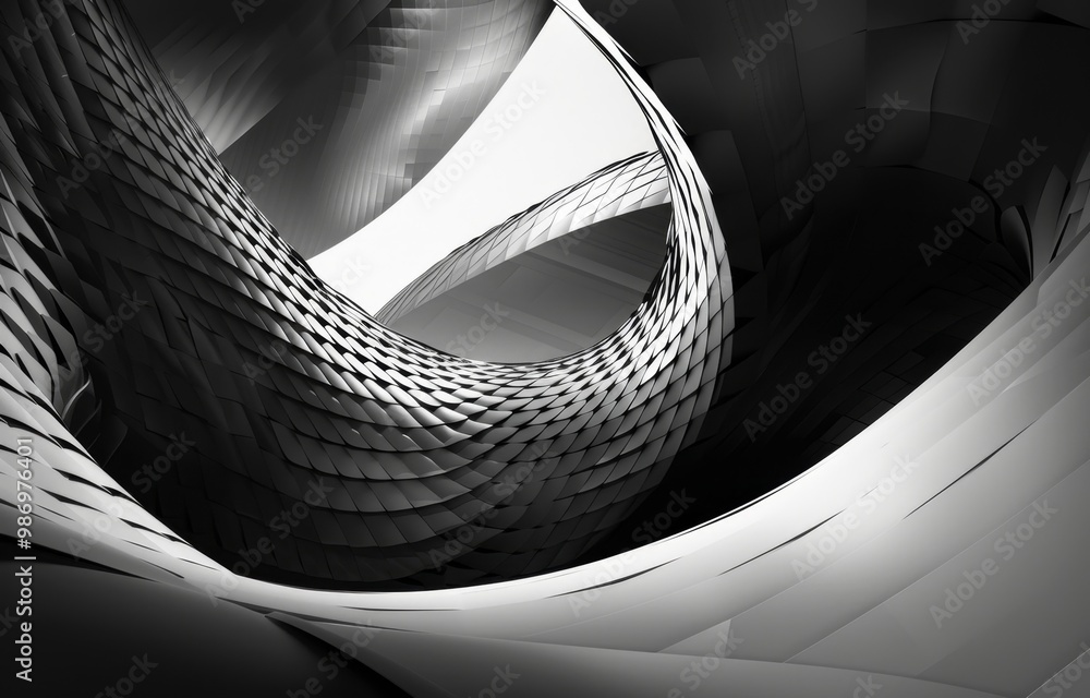 Poster An abstract photo showcasing a modern architecture design with curved and geometric elements in black and white.