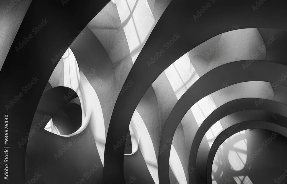Aufkleber A black and white photograph of a modern architectural structure with intricate curved lines and light and shadow patterns.