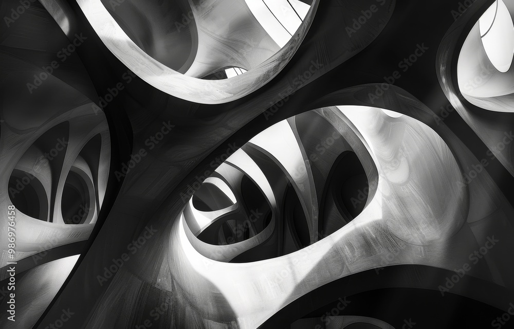 Aufkleber a black and white photograph of a modern architectural structure with abstract curves.