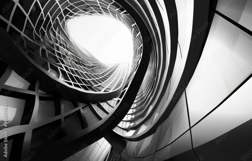 Fototapete A black and white image of a futuristic building with a complex gridwork pattern and curved lines.