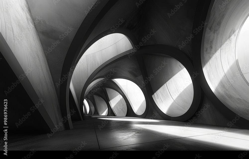 Aufkleber A 3D rendering of an abstract architectural interior with curved walls and circular openings that cast light and shadows on the floor.