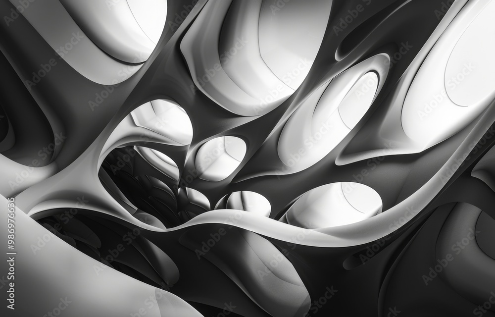 Poster A digital abstract image featuring a complex interplay of black and white curved shapes.