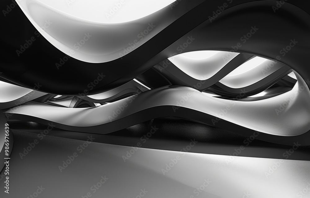 Aufkleber A digitally rendered image of abstract black and white curved shapes intertwining to create a complex, futuristic design.