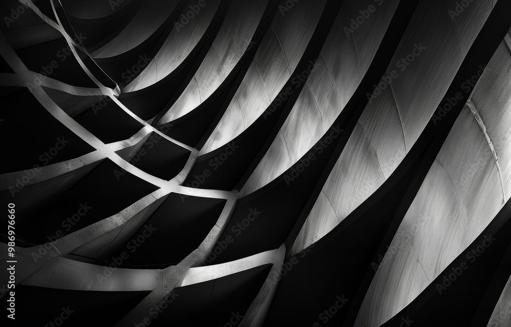 Poster A close-up image of a modern architectural structure featuring curved concrete panels creating a geometric pattern with light and shadow interplay.
