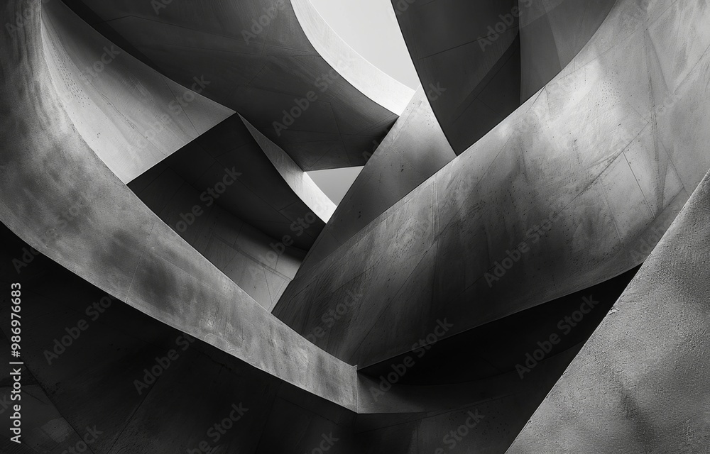 Aufkleber An abstract image highlighting the geometric interplay of concrete surfaces and contrasting light and shadows in a modern architectural setting.