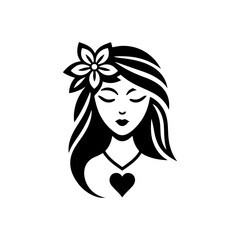Elegant Charm Black Logo with a Woman's Face Iconic Simplicity Vector Icon of Black Female Face. beautiful floral girl with love sign icon logo