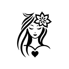 Elegant Charm Black Logo with a Woman's Face Iconic Simplicity Vector Icon of Black Female Face. beautiful floral girl with love sign icon logo