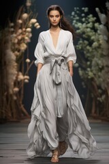 Naklejka premium Model walks fashion week catwalk runway show, casual flowing outfit with white top and free trousers