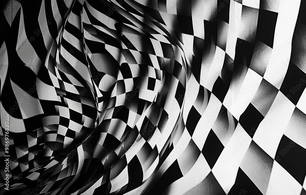 Aufkleber A close-up black and white photo of a wrinkled checkered fabric, creating an abstract pattern with shadows.