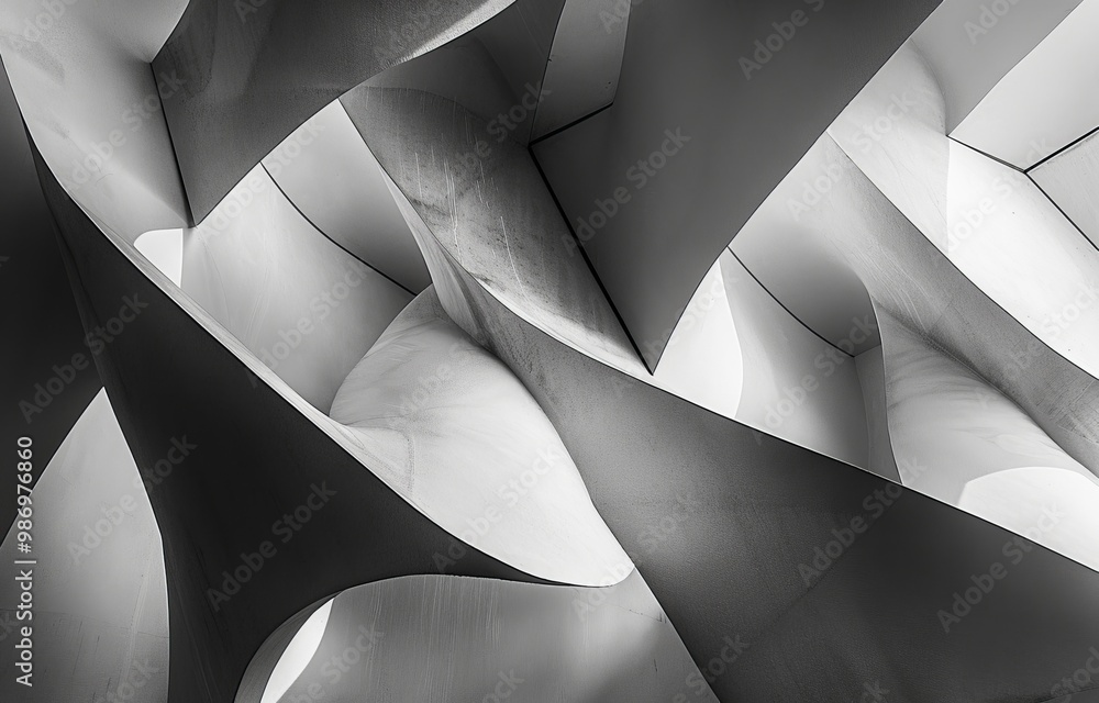 Aufkleber a close-up of an abstract architectural structure with curved surfaces, contrasting black and white 