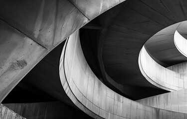 A black and white photograph of a modern concrete building with a curved design.