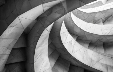 A close-up black and white photo showcasing a contemporary building's curved concrete panels, revealing an intricate pattern of shapes and lines.