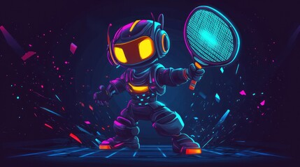 Obraz premium Robot Tennis Player in Neon Lights
