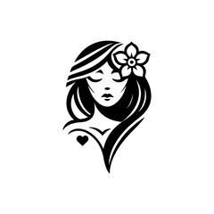 Elegant Charm Black Logo with a Woman's Face Iconic Simplicity Vector Icon of Black Female Face. beautiful floral girl with love sign icon logo