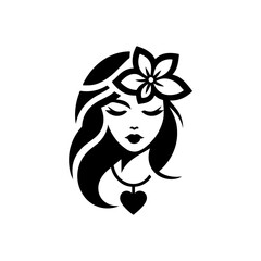 Elegant Charm Black Logo with a Woman's Face Iconic Simplicity Vector Icon of Black Female Face. beautiful floral girl with love sign icon logo