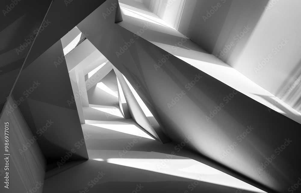 Aufkleber a black and white photograph of a modern architectural structure with geometric shapes and contrasti