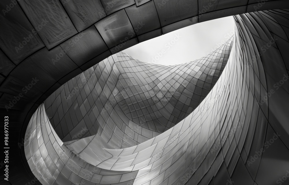 Aufkleber a black and white photograph capturing the intricate curves and geometric patterns of a modern build