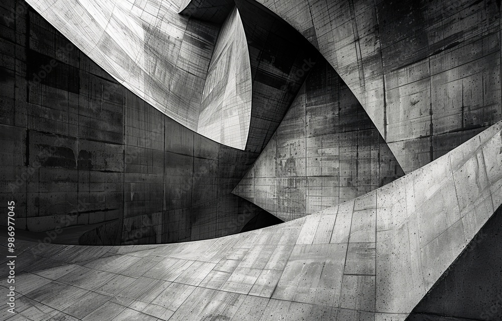 Poster A black and white photograph of a concrete structure with intersecting curves.