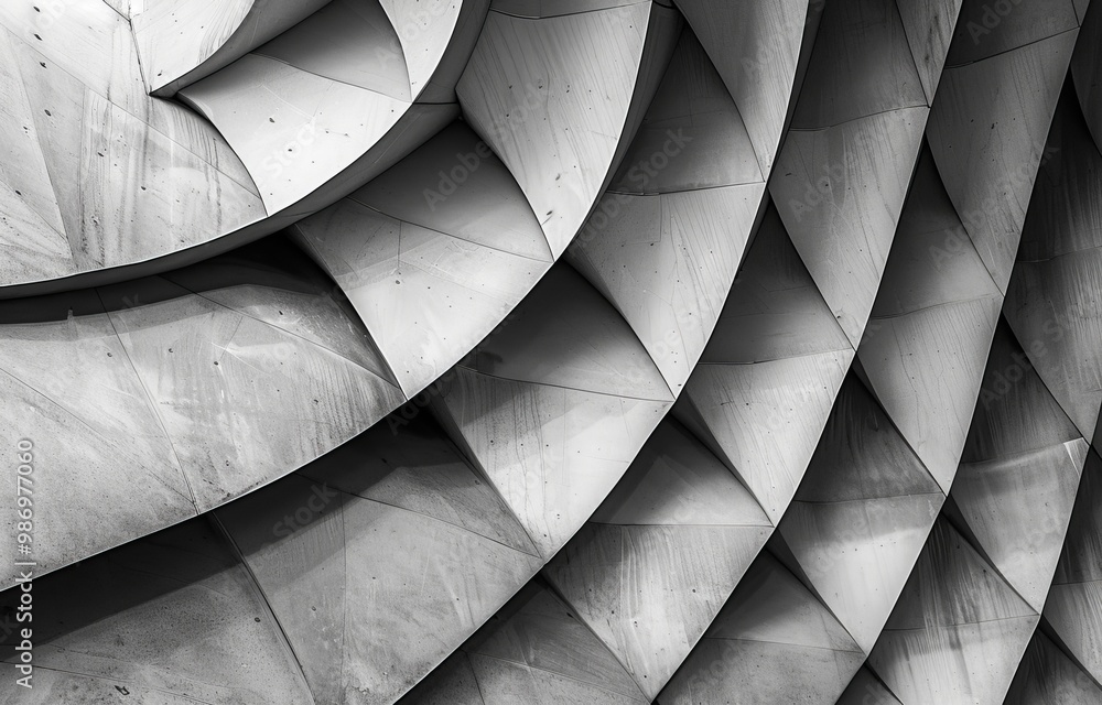 Poster A close-up view of a modern concrete structure with a geometric pattern of curved and angular shapes.