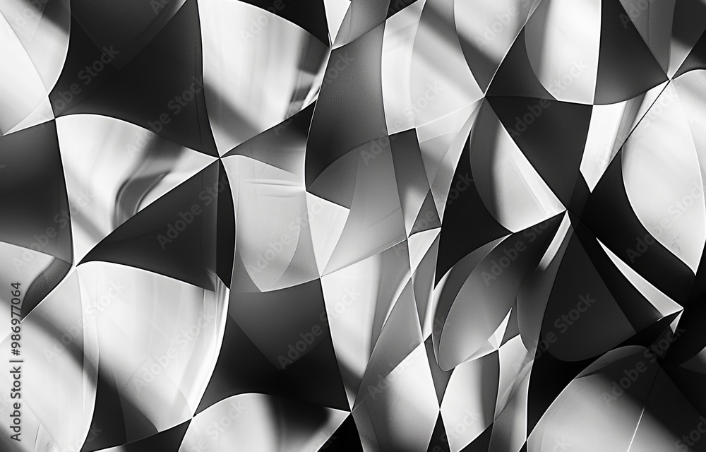 Fototapete A close-up, abstract image of a geometric pattern with black and white curved shapes and a strong interplay of light and shadow.