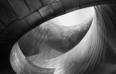 A black and white photograph capturing the intricate curves and geometric patterns of a modern building facade.