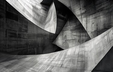 A black and white photograph of a concrete structure with intersecting curves.