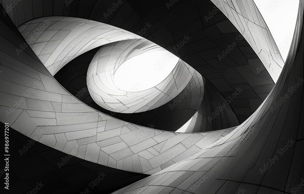 Aufkleber a black and white photograph depicting the interior of a modern building with abstract curved panels