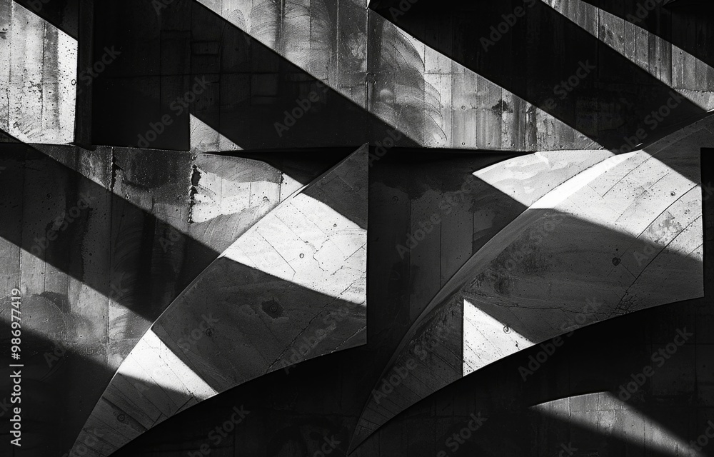 Poster a black and white photograph of a concrete architectural structure, showcasing the interplay of ligh