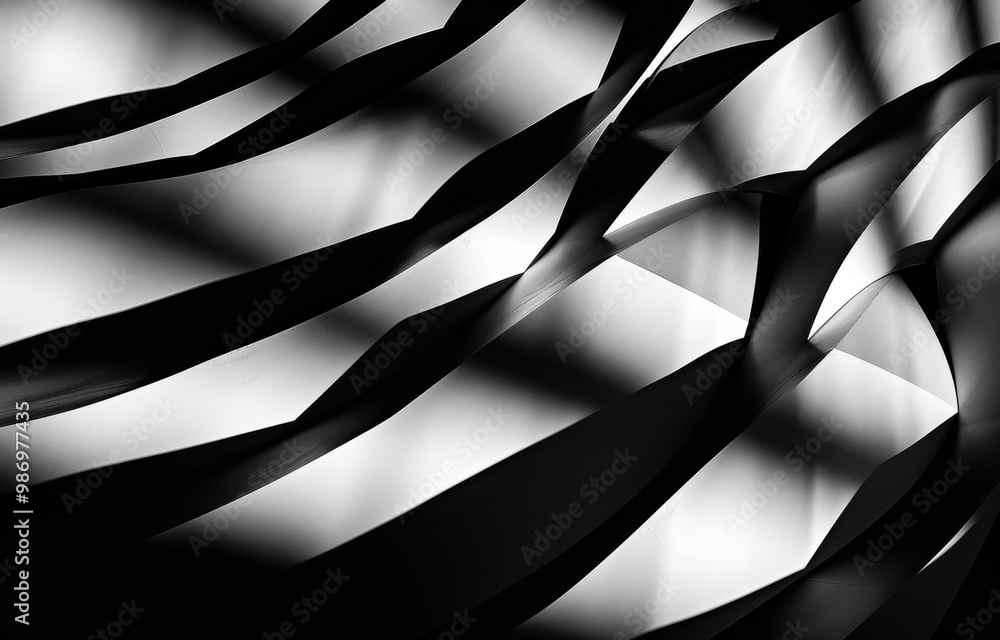 Leinwandbilder a close-up of a black and white abstract pattern of curved lines and shadows.