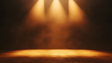 Minimalist stage bathed in a warm golden glow from three overhead spotlights, with a smooth surface. The atmosphere is mystical, evoking anticipation and creativity. Stage Light Backdrop Concept