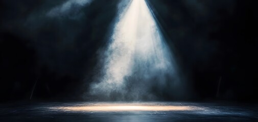 A soft spotlight beams down onto a single illuminated point on a dark surface, creating an ethereal atmosphere. Mist swirls gently, enhancing the scene's mystery. Stage Light Backdrop Concept