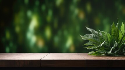Green Leaves Wooden Table Mockup