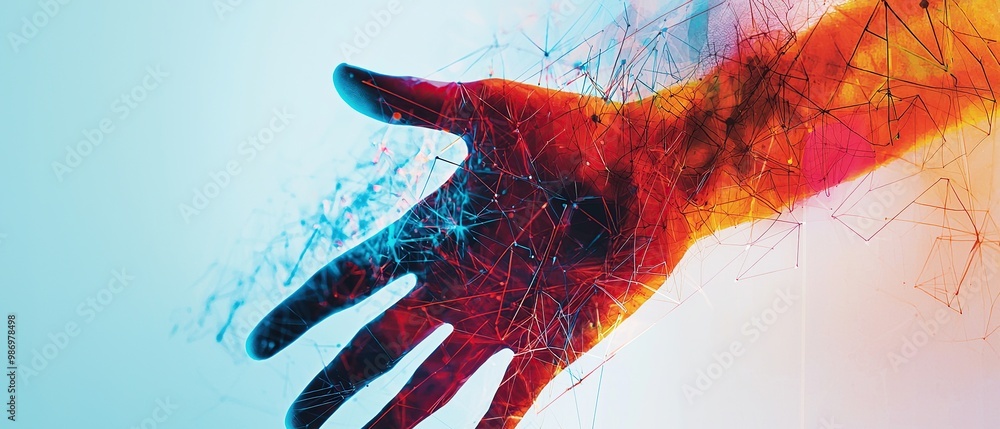 Poster abstract hand reaching out with a network of lines and dots.