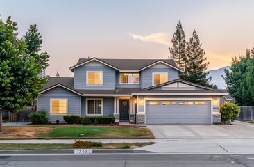 A suburban home with a two-car garage and a well-maintained front yard.