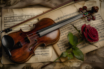 Fototapeta premium Elegant violin with rose on vintage sheet music background 