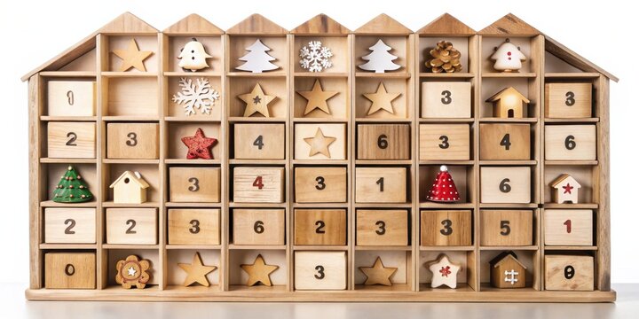 Wooden advent calendar with numbers and small compartments for treats, with a blank space for writing