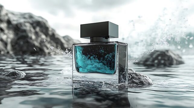 A bottle of perfume sits on a rock in the ocean with waves crashing around it.