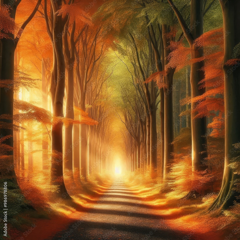 Poster an enchanting forest path surrounded by tall trees with golden autumn leaves. sunlight filters throu