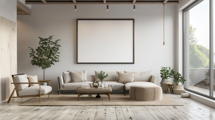 A modern living room with a white sofa, a large frame, and wooden flooring.