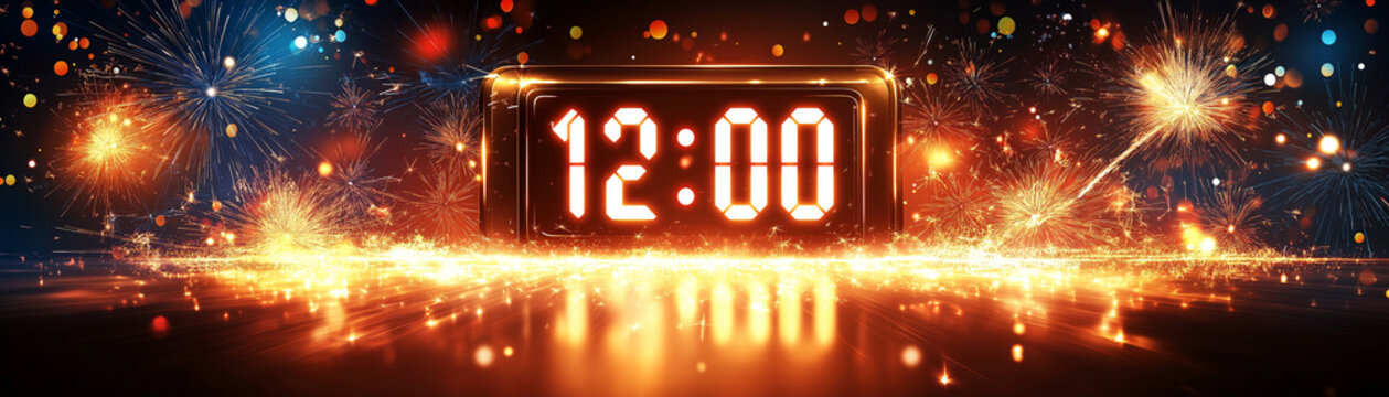 Digital clock displaying with fireworks exploding around it, symbolizing the New Year&rsquo;s arrival