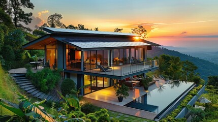 Luxurious eco-friendly house with solar panels, bathed in the warm glow of a stunning sunset. The modern home is surrounded by lush landscaping and scenic natural views