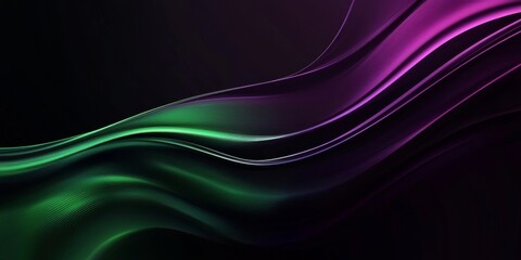 A digital illustration of abstract green and purple wavy lines on a black background.