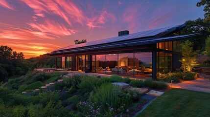 Obraz premium Luxurious eco-friendly house with solar panels, bathed in the warm glow of a stunning sunset. The modern home is surrounded by lush landscaping and scenic natural views