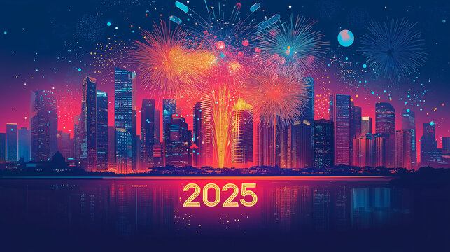 Fireworks lighting up a city skyline, with the year 2025 formed in the sky as part of the display